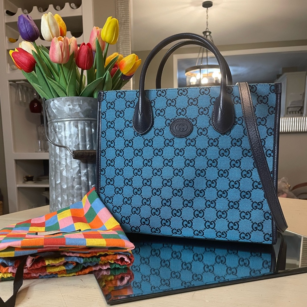 *With Dustbag* Gucci GG Medium Blue Canvas and Navy Leather Tote Bag